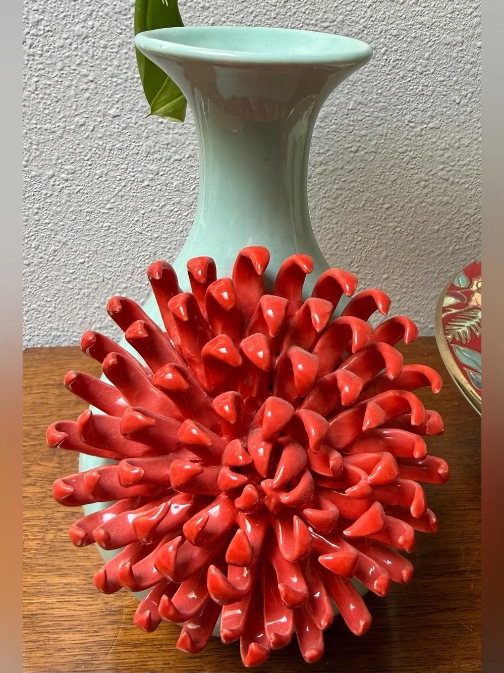 Anthropologie Celadon Blue 3D Red Chrysanthemum Ceramic Vase Rare